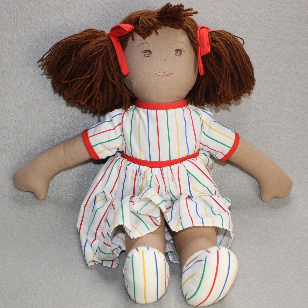 Pier 1 Imports Rag Doll Large White Rainbow Stripe Vintage Plush Cottagecore